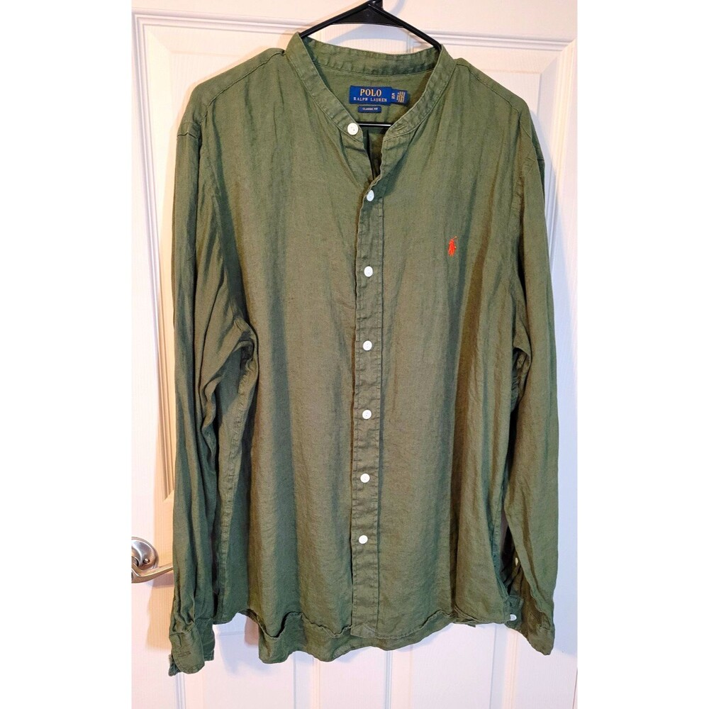 Polo Ralph Lauren Mens XL Olive Green Linen Band Collar Shirt Classic Orange